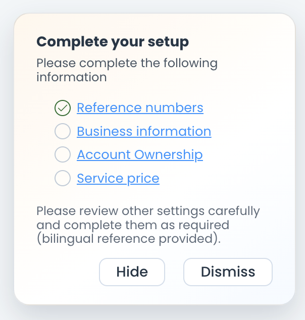 Setup completion checklist