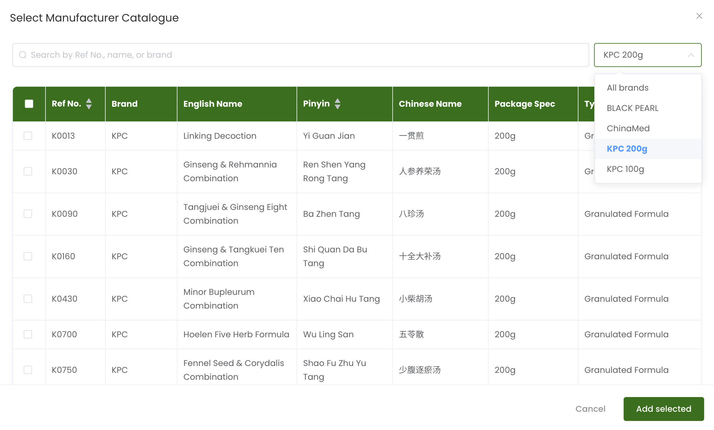 Manufacturer catalogue selector