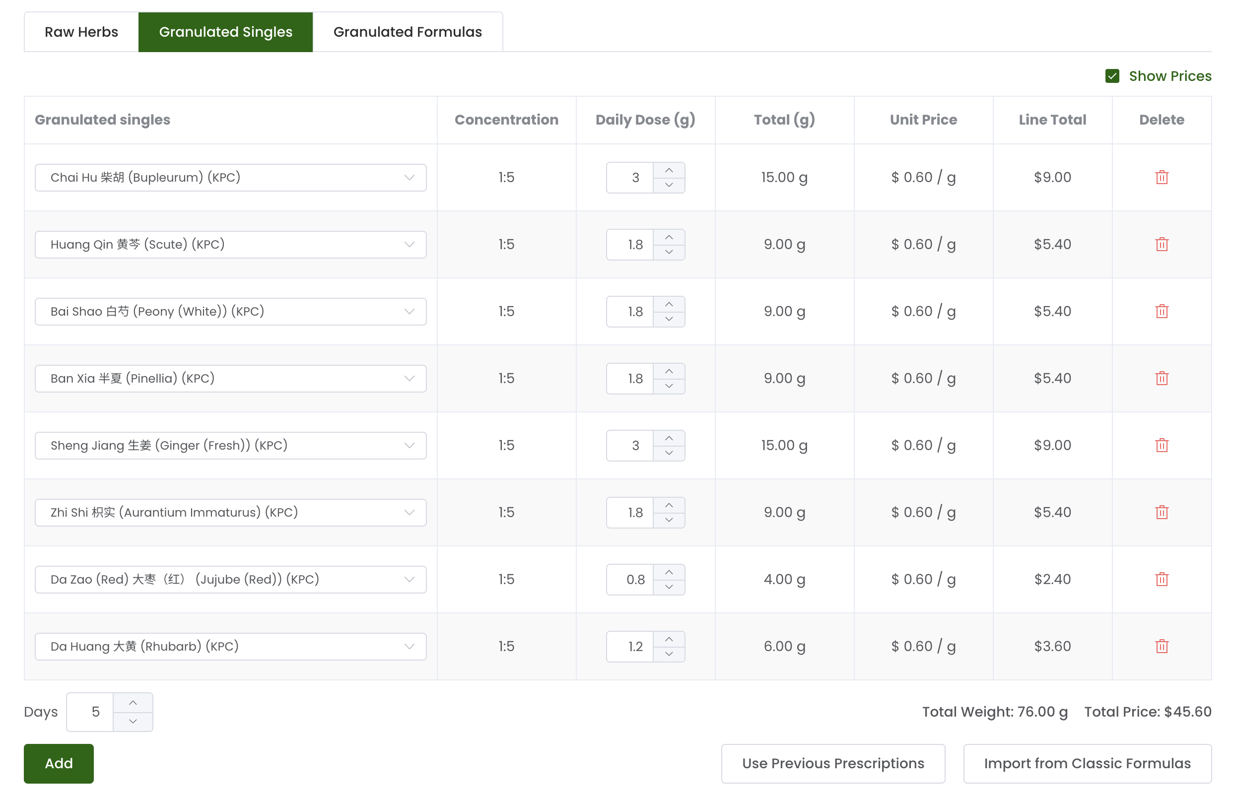 Granulated prescription builder