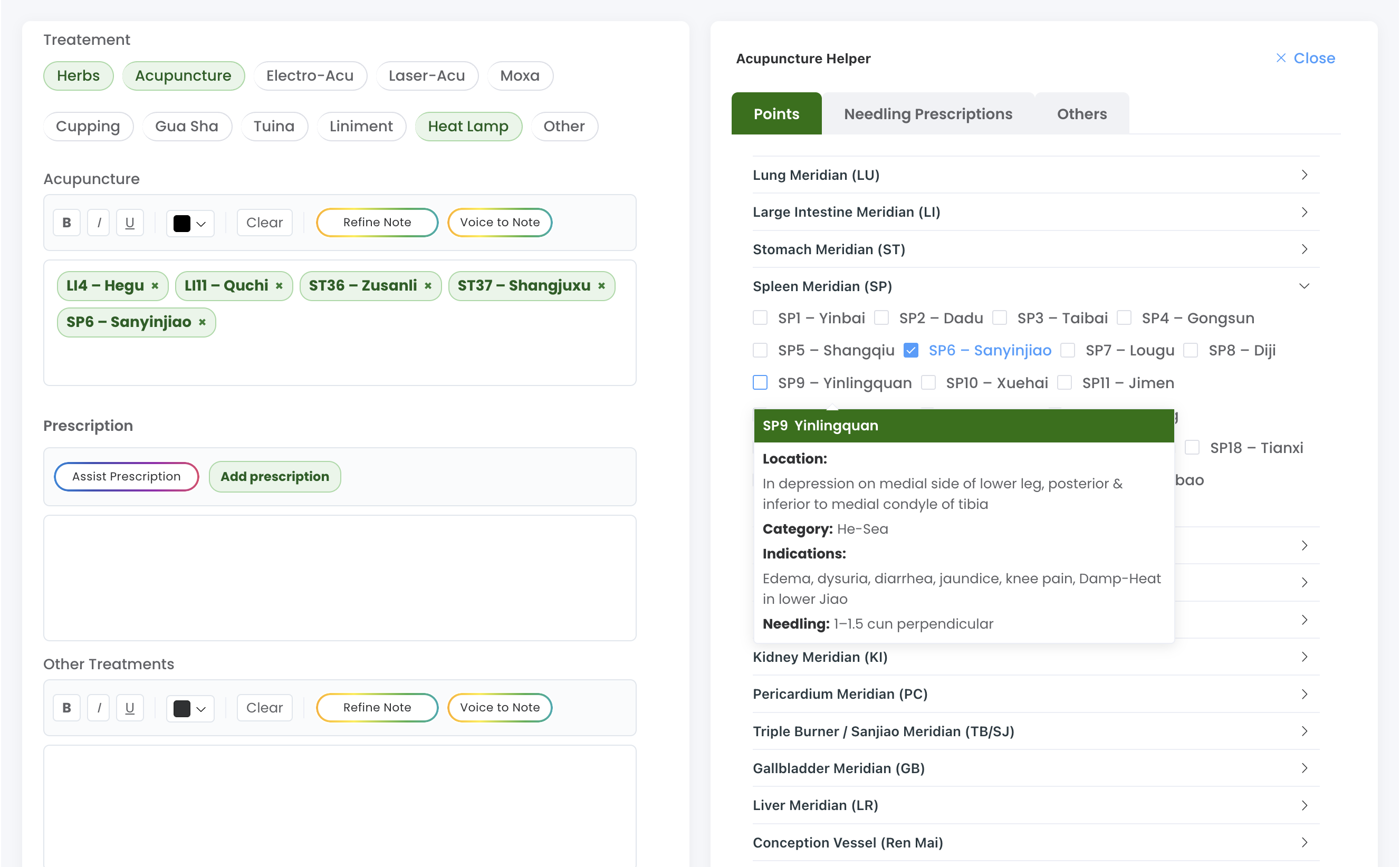 Treatment note with acupuncture helper