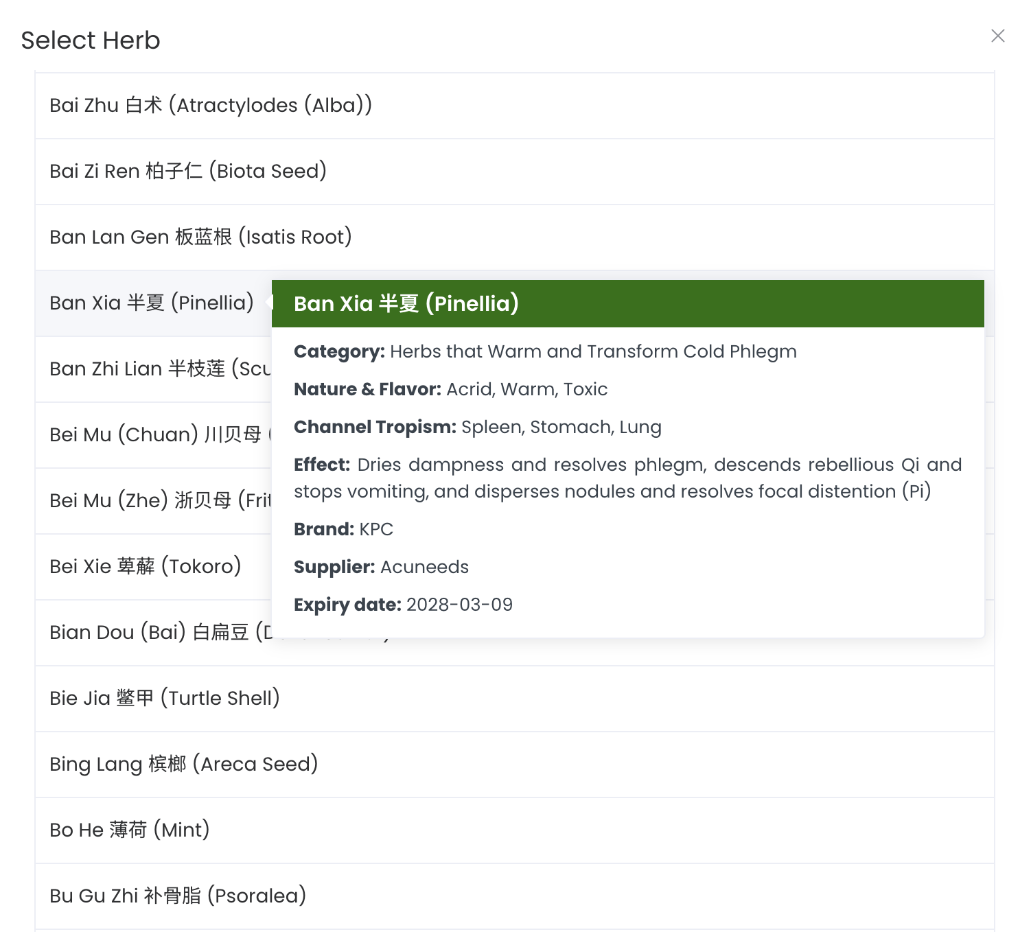 Herb selection modal