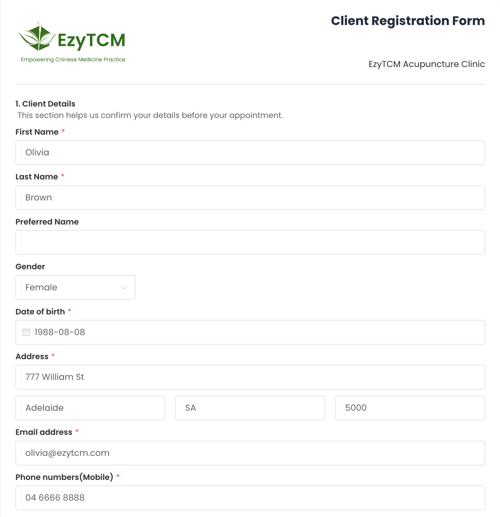 Client registration form