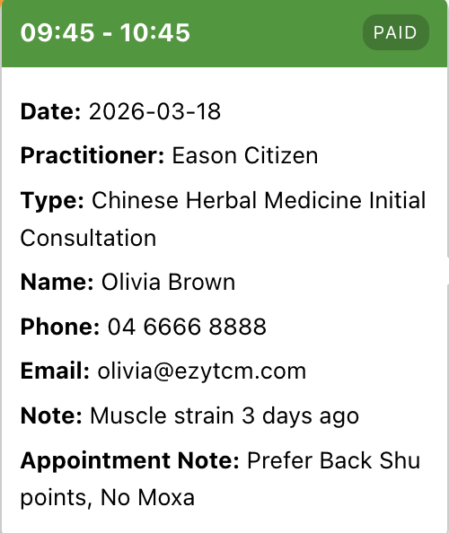 Appointment quick detail card