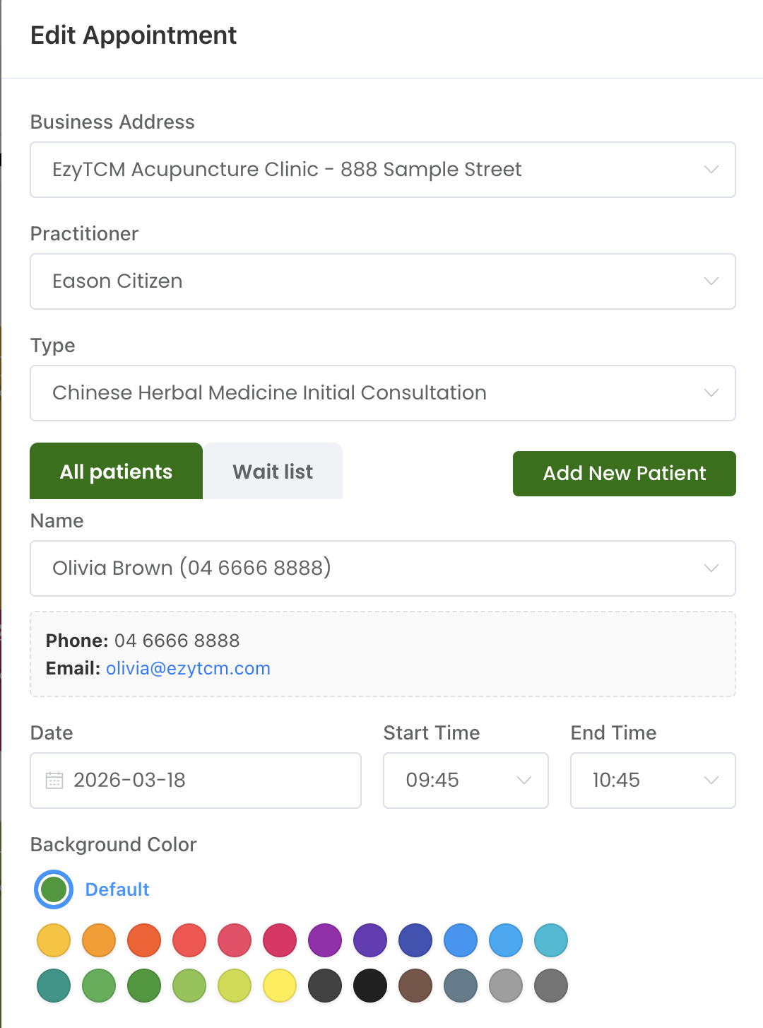Appointment edit panel